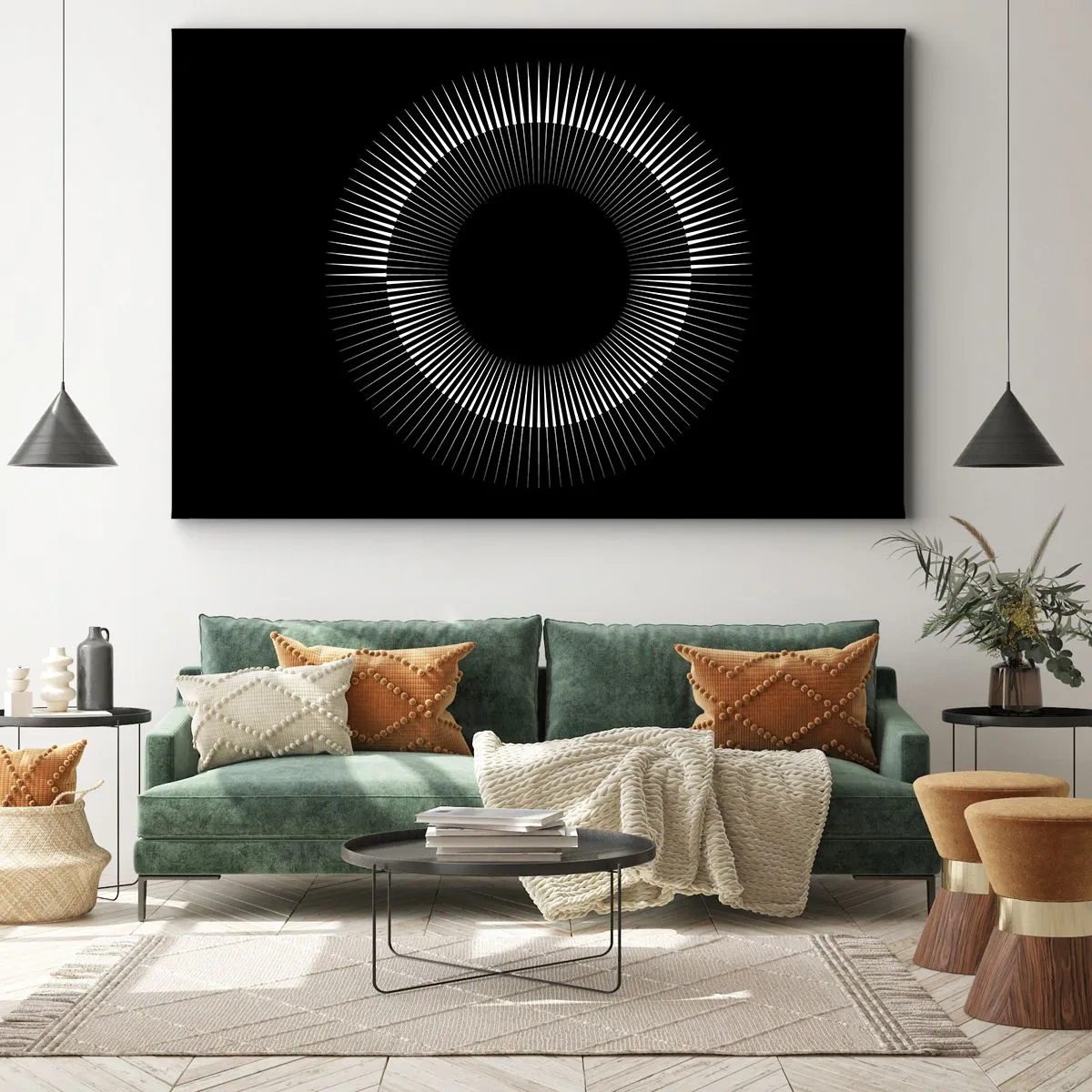 Tablou pe pânză Canvas - Cerc grafic cu raze în alb și negru - 70x50cm - Soarele Negru - Decorațiune modernă pentru perete pentru living și dormitor ARTTOR