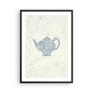 Poster în ramă neagră - O ilustrație decorativă a unui ceainic cu un model subtil pe un fundal deschis la culoare. - 50x70cm - Farmecul ceaiului - Decorațiune modernă pentru perete pentru living și dormitor ARTTOR