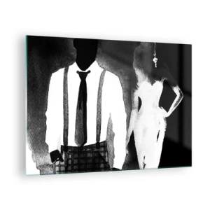 Tablou pe sticlă - Siluetă alb-negru a unui cuplu elegant noir - 70x50cm - Într-o atmosferă noir - Decorațiune modernă pentru perete pentru living și dormitor ARTTOR
