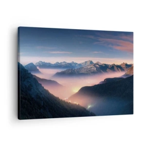 Tablou pe pânză Canvas - Un peisaj montan cu o vale plină de ceață - 70x50cm - Lumină în văi - Decorațiune modernă pentru perete pentru living și dormitor ARTTOR