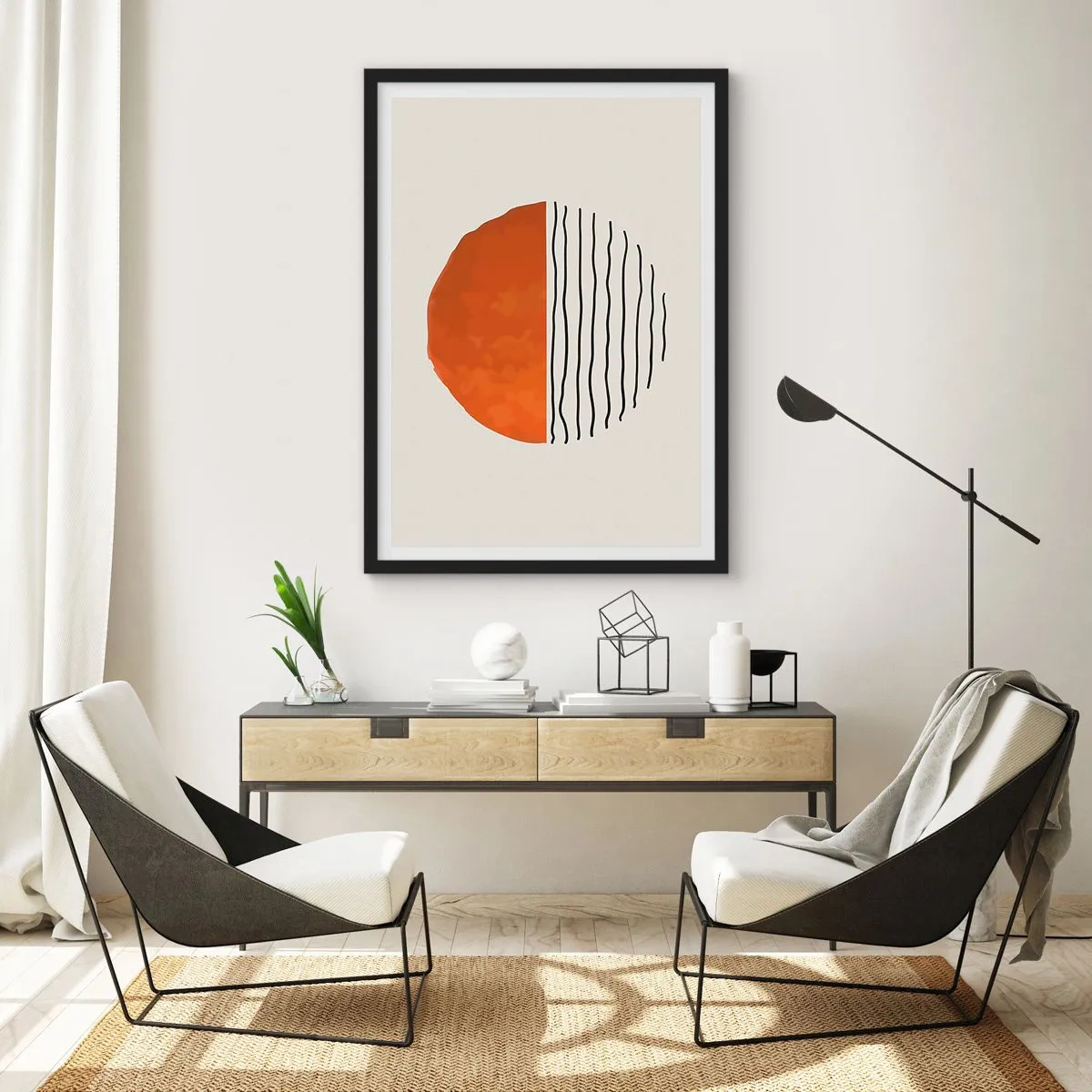 Poster în ramă neagră - Cerc abstract cu jumătate portocalie și liniară - 50x70cm - În stil japonez - Decorațiune modernă pentru perete pentru living și dormitor ARTTOR