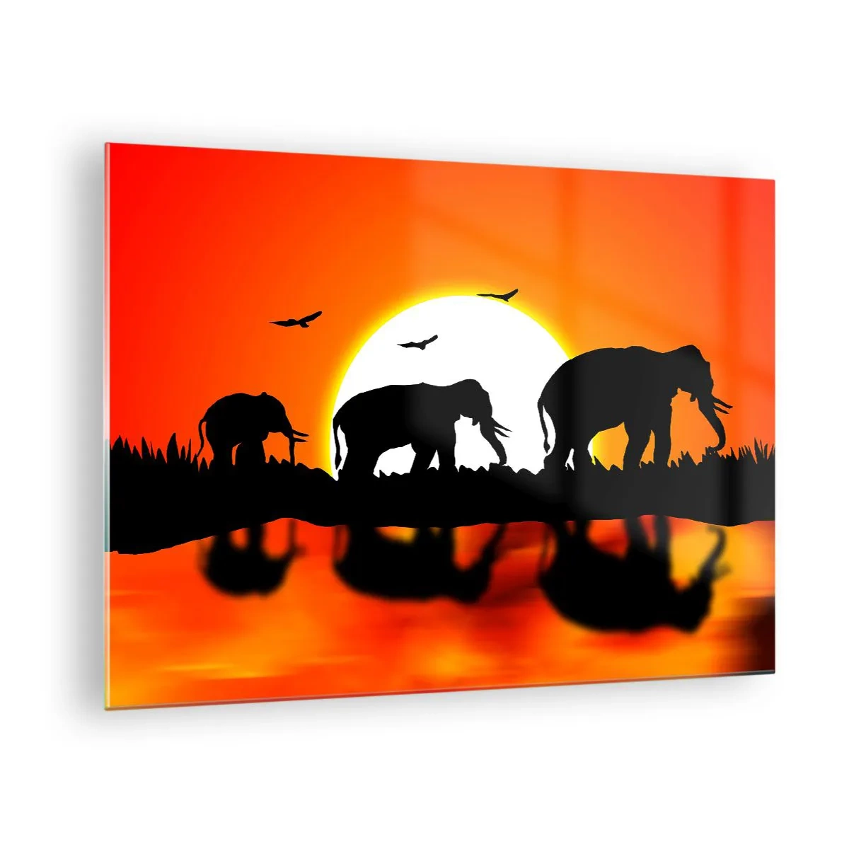 Tablou pe sticlă - Siluete de elefanți pe fundalul soarelui care apune - 70x50cm - Și seara pentru un pahar - Decorațiune modernă pentru perete pentru living și dormitor ARTTOR