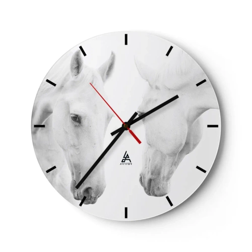 Ceas de perete - Ceas pe sticlă - Doi cai albi stând unul față în față pe un fundal alb - 30x30cm - Este aceasta o prietenie...? - Decorațiune modernă pentru perete pentru living, bucătărie și dormitor ARTTOR