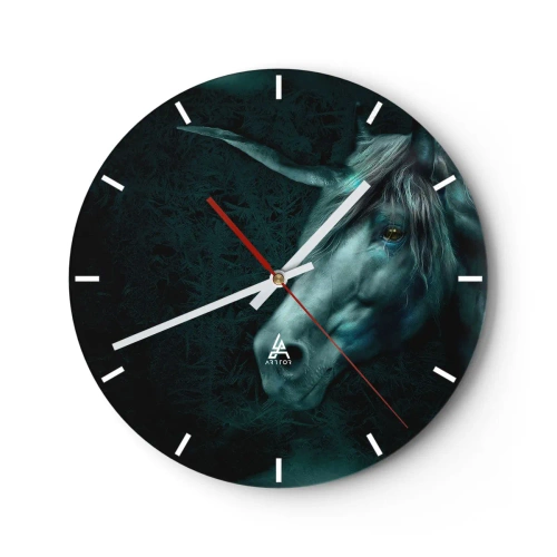 Ceas de perete - Ceas pe sticlă - Un unicorn într-un decor de pădure întunecată - 30x30cm - Într-o pădure de basm - Decorațiune modernă pentru perete pentru living, bucătărie și dormitor ARTTOR