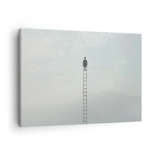 Tablou pe pânză Canvas - Un bărbat pe o scară care se ridică spre cer - 70x50cm - Fii deasupra - Decorațiune modernă pentru perete pentru living și dormitor ARTTOR