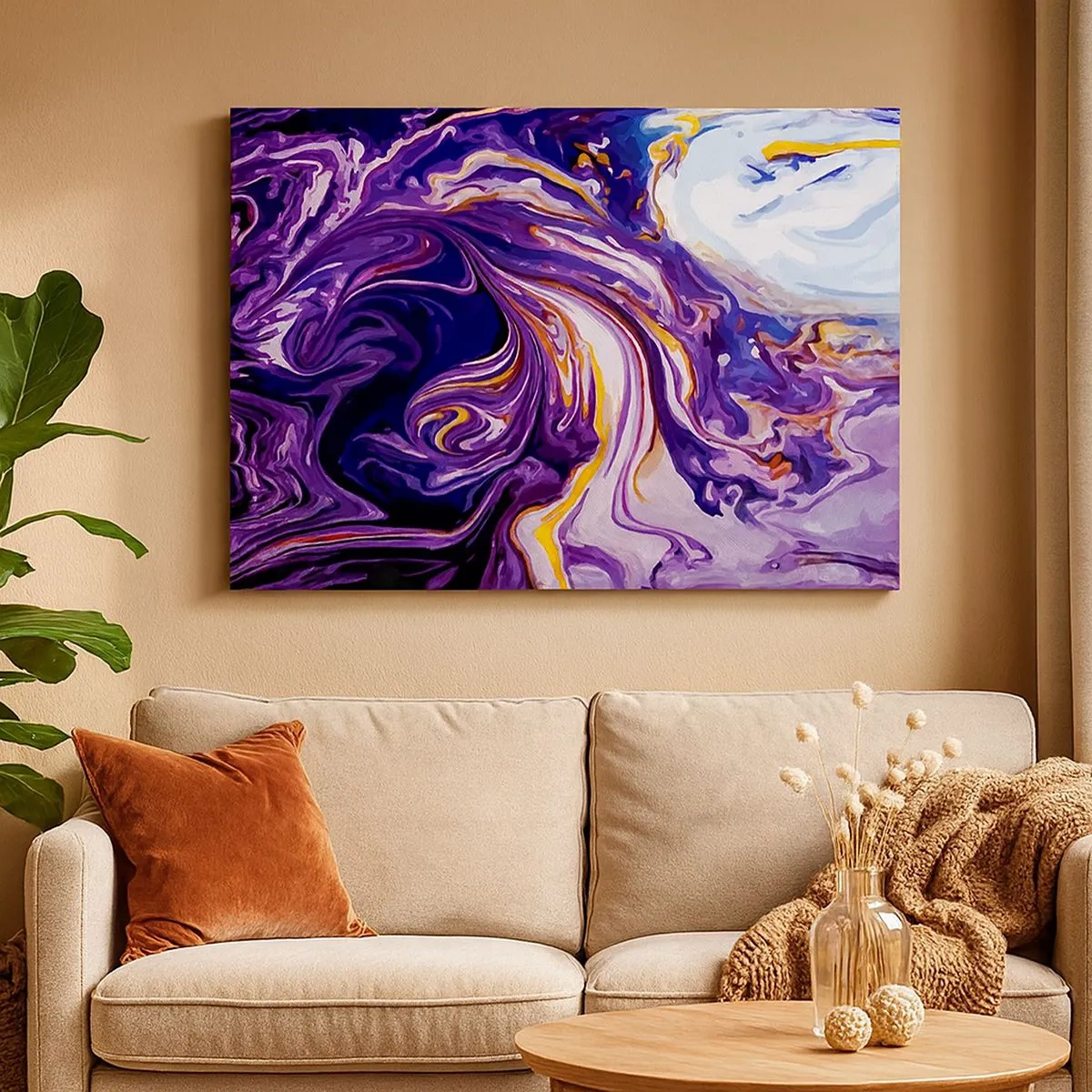 Tablou pe pânză Canvas - Un model abstract dinamic în nuanțe de violet și galben. - 70x50cm - Îndoirea spațiului în mov - Decorațiune modernă pentru perete pentru living și dormitor ARTTOR