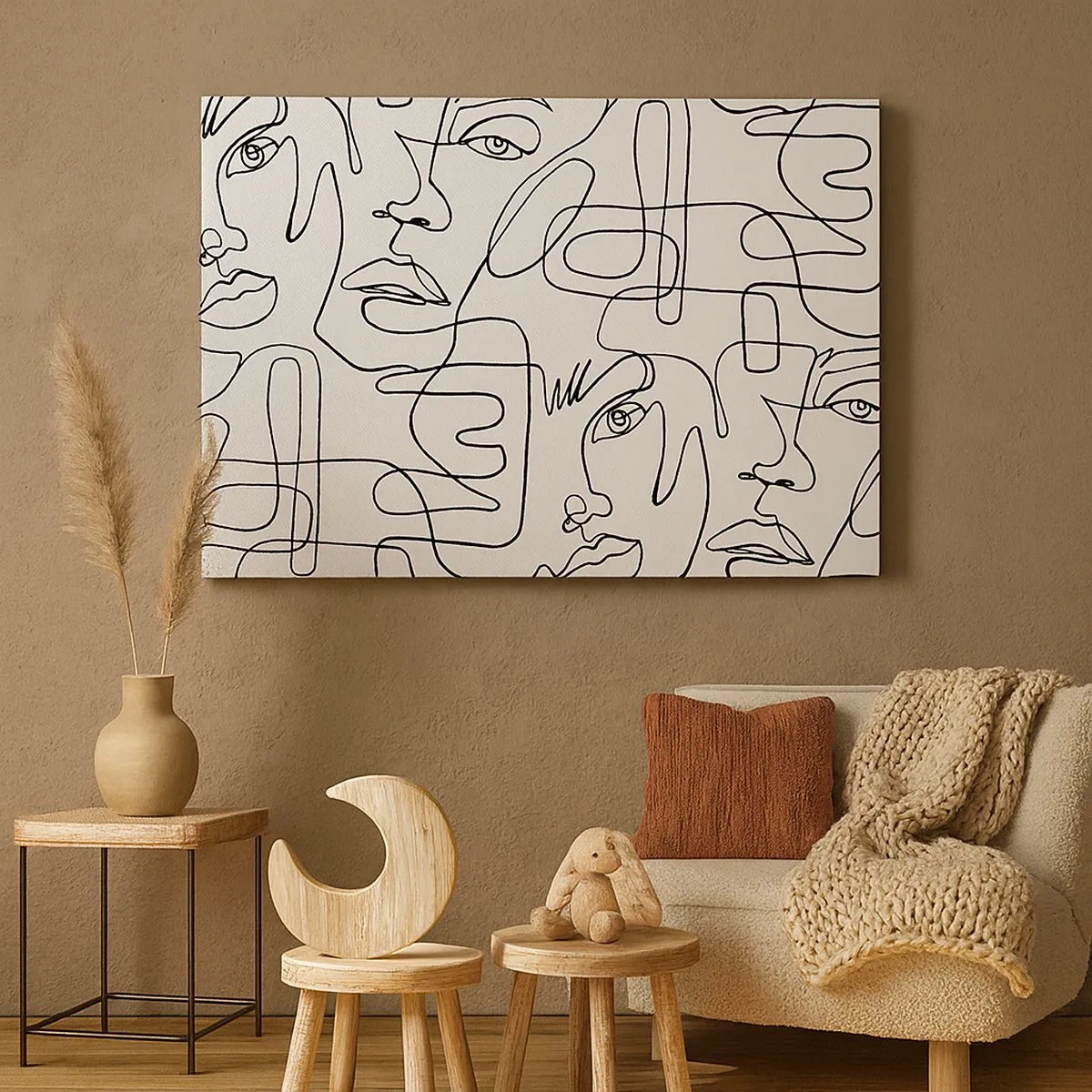 Tablou pe pânză Canvas - Un desen minimalist al unei fețe cu linii pe un fundal deschis la culoare. - 70x50cm - Într-o încurcătură de emoții - Decorațiune modernă pentru perete pentru living și dormitor ARTTOR