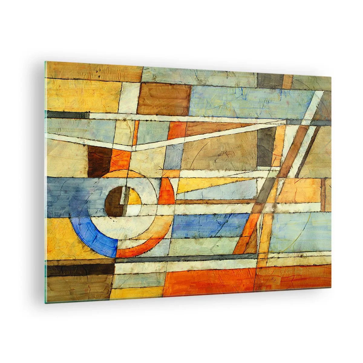 Tablou pe sticlă - O compoziție abstractă cu modele geometrice și culori calde. - 70x50cm - Cubismul în construcție - Decorațiune modernă pentru perete pentru living și dormitor ARTTOR