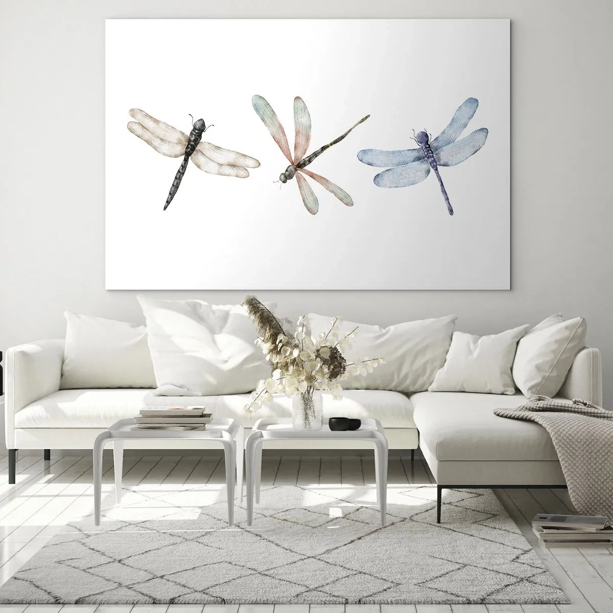 Tablou pe sticlă - Trei libelule colorate pe fundal alb, într-un stil delicat de acuarelă - 70x50cm - Libelule imponderabile - Decorațiune modernă pentru perete pentru living și dormitor ARTTOR