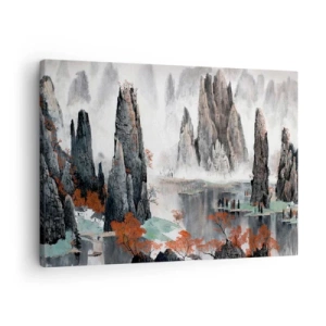 Tablou pe pânză Canvas - Stânci și copaci pitorești în peisajul chinezesc încețoșat - 70x50cm - Gardieni puternici - Decorațiune modernă pentru perete pentru living și dormitor ARTTOR