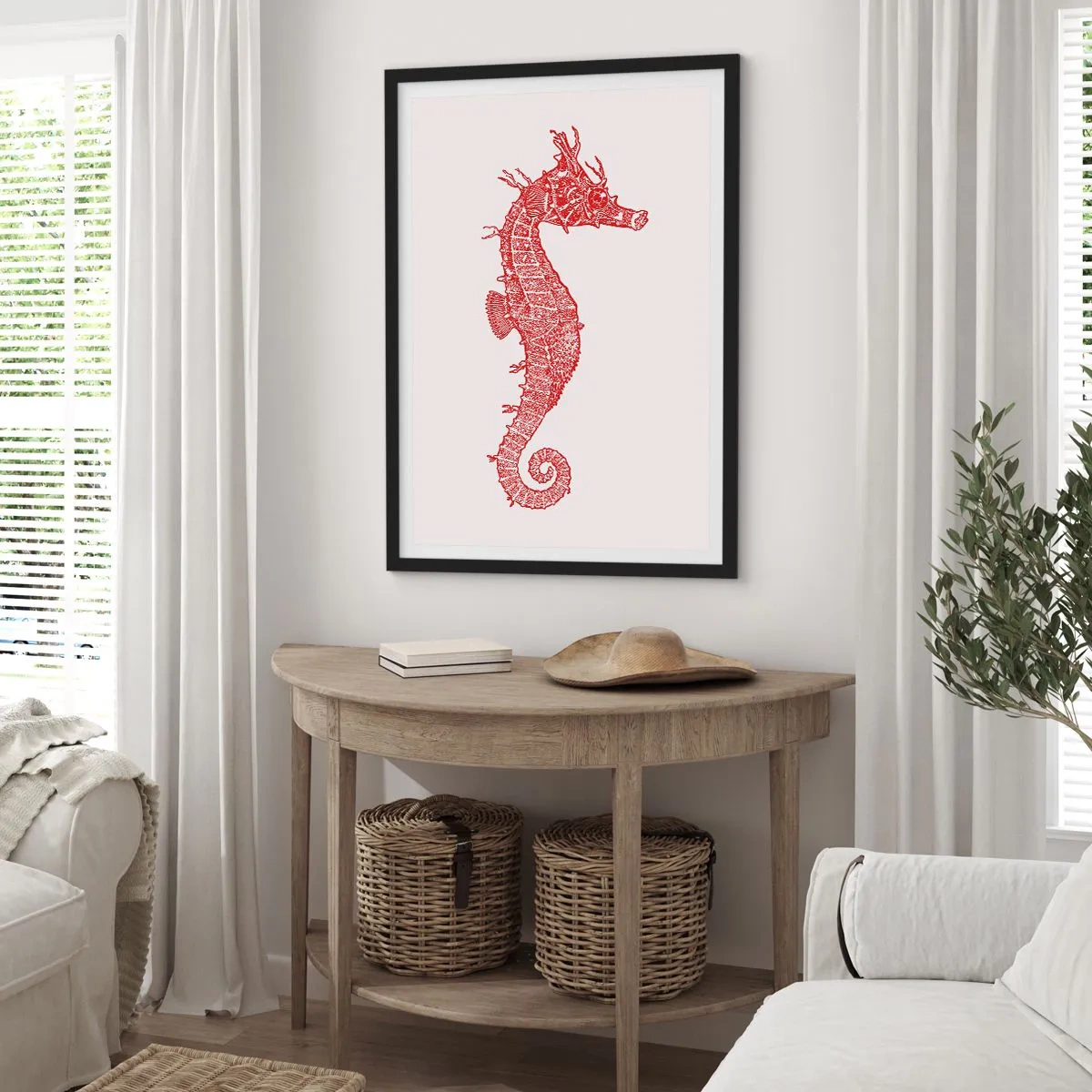 Poster în ramă neagră - Căluț de mare steampunk roșu pe fundal deschis - 50x70cm - Creatură complexă - Decorațiune modernă pentru perete pentru living și dormitor ARTTOR