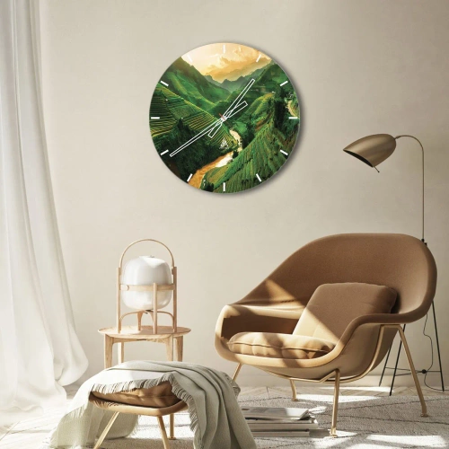 Ceas de perete - Ceas pe sticlă - Terase de orez printre munți la apus - 30x30cm - Valea vietnameză - Decorațiune modernă pentru perete pentru living, bucătărie și dormitor ARTTOR