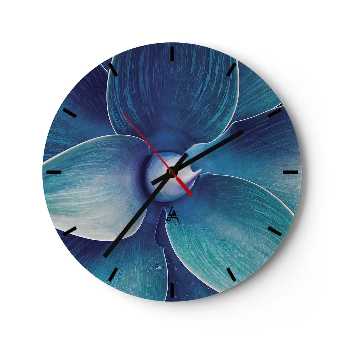 Ceas de perete - Ceas pe sticlă - Detaliu de plantă albastră cu o formă abstractă - 30x30cm - A furat albastrul de la cer - Decorațiune modernă pentru perete pentru living, bucătărie și dormitor ARTTOR