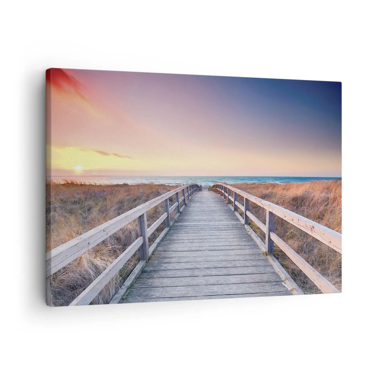 Tablou pe pânză Canvas - Un debarcader din lemn care duce spre plajă la apus, cu cerul pictat în culori pastelate. - 70x50cm - Aurora baltică de seară - Decorațiune modernă pentru perete pentru living și dormitor ARTTOR