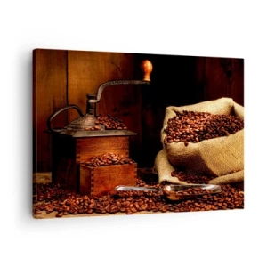 Tablou pe pânză Canvas - O râșniță de cafea veche cu boabe și o pungă, în stil rustic. - 70x50cm - Natură moartă cu boabe de cafea și măcinător - Decorațiune modernă pentru perete pentru living și dormitor ARTTOR