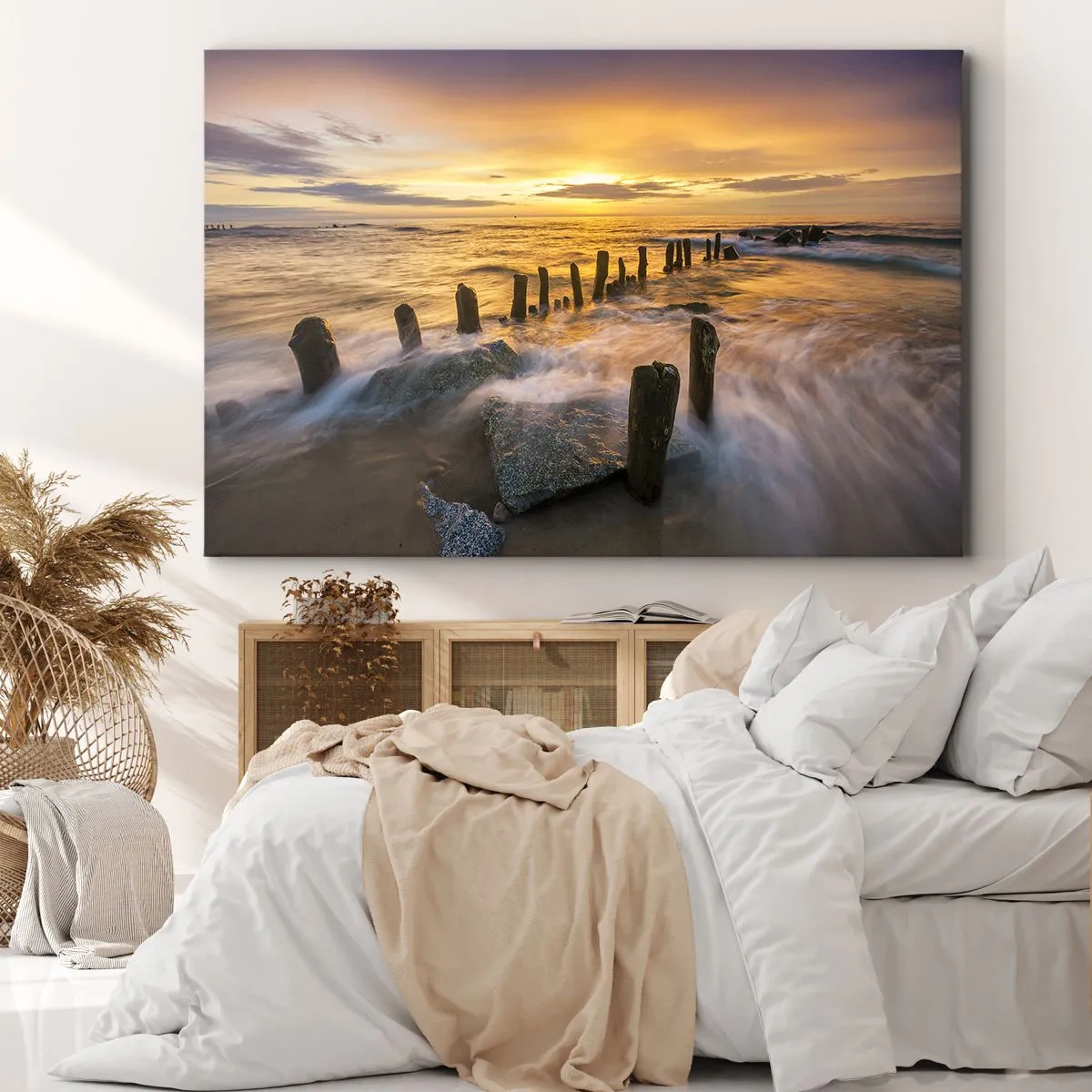 Tablou pe pânză Canvas - Apus de soare peste mare cu rămășițele unui vechi dig - 70x50cm - Frumusețe brută a mării - Decorațiune modernă pentru perete pentru living și dormitor ARTTOR
