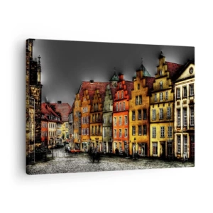 Tablou pe pânză Canvas - Case de locuit colorate pe o stradă pietruită din orașul istoric - 70x50cm - Doar o trăsură fermecată mai lipsește - Decorațiune modernă pentru perete pentru living și dormitor ARTTOR