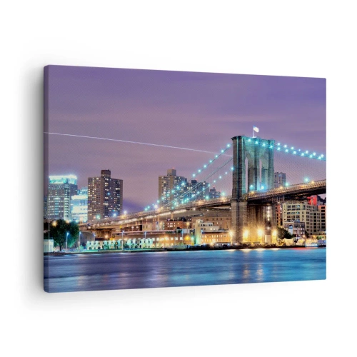 Tablou pe pânză Canvas - Podul Brooklyn noaptea, cu orașul iluminat în fundal - 70x50cm - De mulți ani, Podul Brooklyn - Decorațiune modernă pentru perete pentru living și dormitor ARTTOR