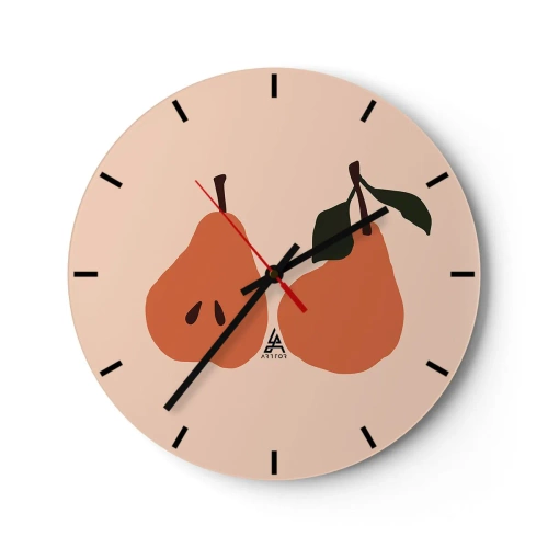 Ceas de perete - Ceas pe sticlă - Două pere în culori calde pe un fundal bej - 30x30cm - Dulceața în sine - Decorațiune modernă pentru perete pentru living, bucătărie și dormitor ARTTOR