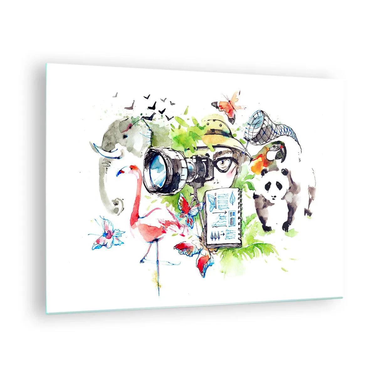 Tablou pe sticlă - Ilustrație a unui fotograf cu un aparat foto și animale - 70x50cm - Prin obiectivul unui călător - Decorațiune modernă pentru perete pentru living și dormitor ARTTOR