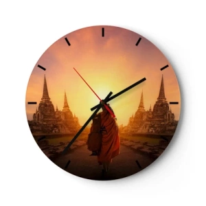 Ceas de perete - Ceas pe sticlă - Un călugăr într-o robă de șofran, înconjurat de temple la apus - 30x30cm - În pace prin eternitate - Decorațiune modernă pentru perete pentru living, bucătărie și dormitor ARTTOR
