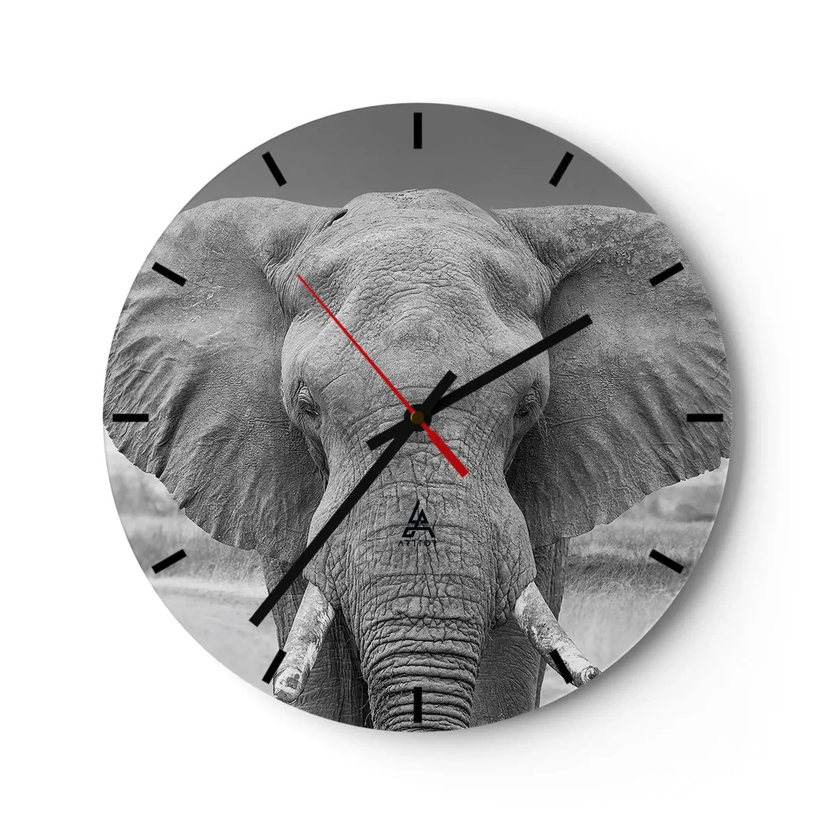 Ceas de perete - Ceas pe sticlă - O fotografie alb-negru a unui elefant care privește direct în cameră. - 30x30cm - Bun venit în lumea mea - Decorațiune modernă pentru perete pentru living, bucătărie și dormitor ARTTOR
