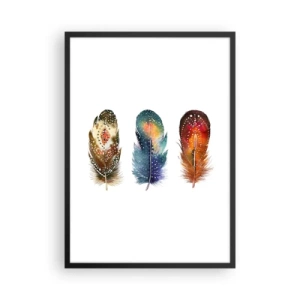 Poster în ramă neagră - Pene colorate într-un stil artistic pe un fundal alb - 50x70cm - Ritualuri, rituri, mistere - Decorațiune modernă pentru perete pentru living și dormitor ARTTOR