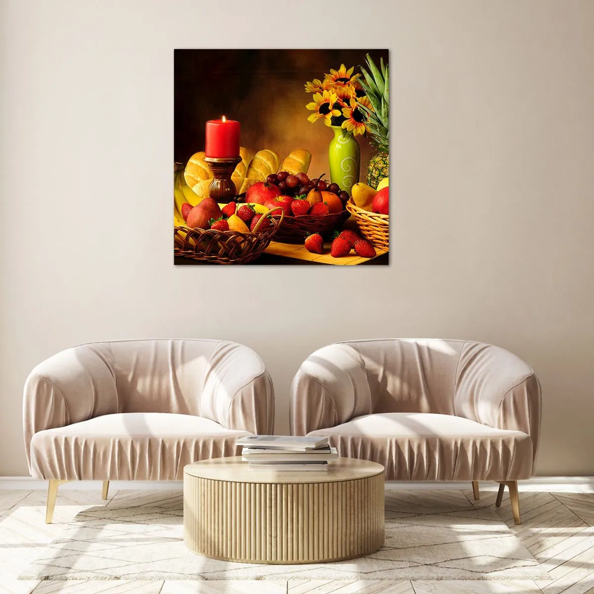 Tablou pe sticlă - Natură moarte cu pâine și fructe - 30x30 cm