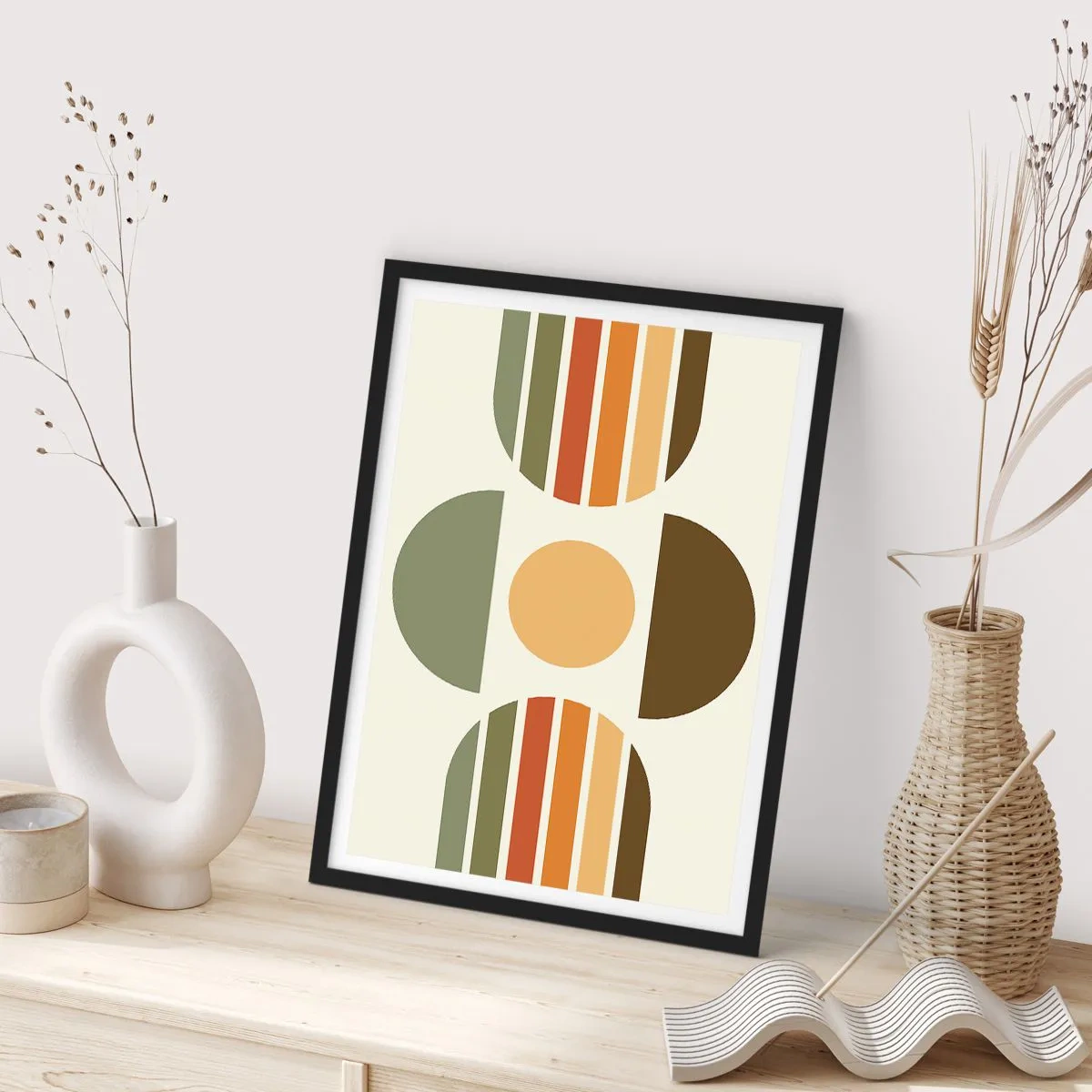 Poster în ramă neagră - Model geometric abstract în tonuri pământii cu cercuri și semicercuri - 50x70cm - În culorile pământului - Decorațiune modernă pentru perete pentru living și dormitor ARTTOR