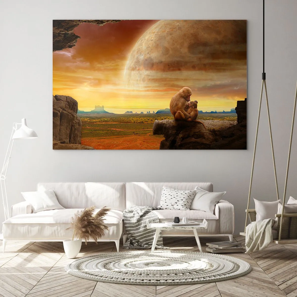 Tablou pe sticlă - Maimuțe așezate pe o stâncă cu o lună uriașă în fundal - 70x50cm - Iubirea peste tot la fel - Decorațiune modernă pentru perete pentru living și dormitor ARTTOR