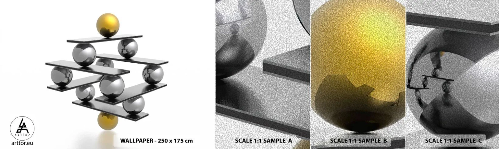 Mostră tapet Premium Sand - Balanța aur-argint - Abstracția, Bile metalice, 3D - 100x30 cm