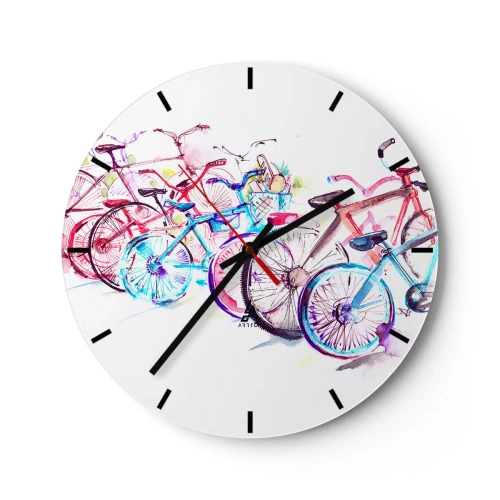 Ceas de perete - Ceas pe sticlă - Biciclete în acuarelă în culori strălucitoare pe fundal alb - 30x30cm - Reuniunea clubului Antymoto - Decorațiune modernă pentru perete pentru living, bucătărie și dormitor ARTTOR