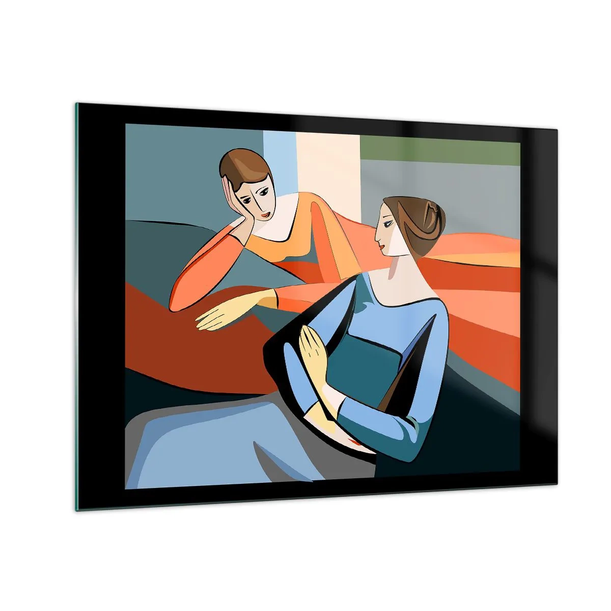 Tablou pe sticlă - O scenă geometrică a unei conversații între două femei pe fundalul unui interior. - 70x50cm - Un moment de confidențe - Decorațiune modernă pentru perete pentru living și dormitor ARTTOR