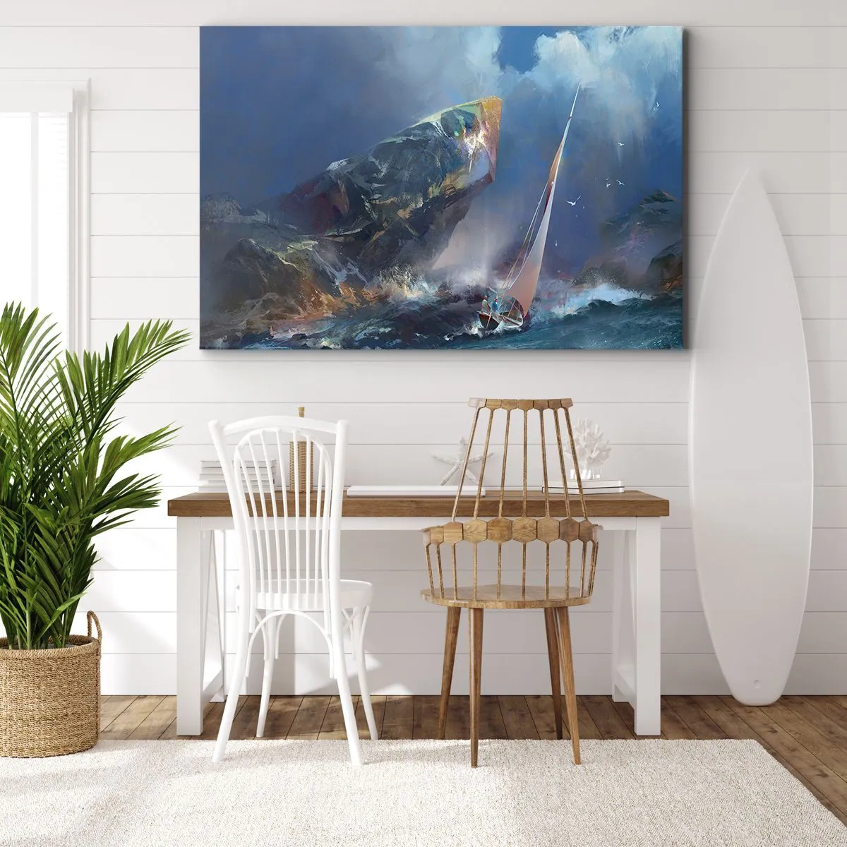 Tablou pe pânză Canvas - O barcă cu pânze în furtună la poalele unei stânci masive - 70x50cm - Cine îndrăznește, câștigă - Decorațiune modernă pentru perete pentru living și dormitor ARTTOR
