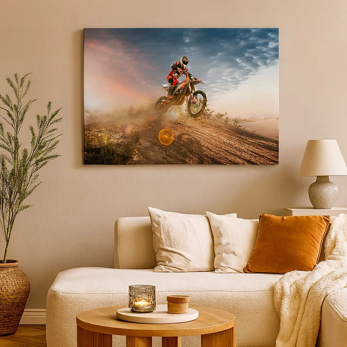 Tablou pe pânză Canvas - Motociclist în dune la apus - 70x50cm - Pentru victorie - Decorațiune modernă pentru perete pentru living și dormitor ARTTOR