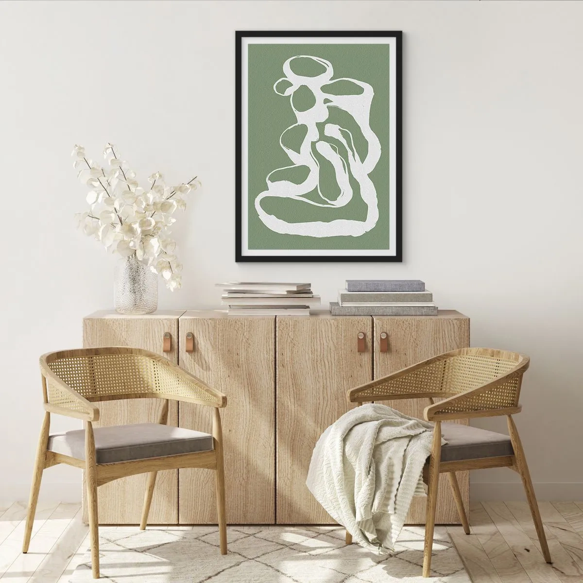 Poster în ramă neagră - Compoziție abstractă albă pe fundal verde - 50x70cm - Chemarea spațiului - Decorațiune modernă pentru perete pentru living și dormitor ARTTOR