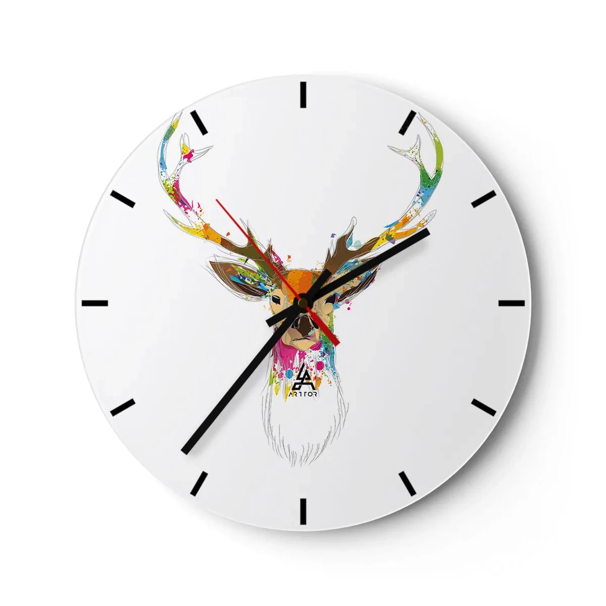 Ceas de perete - Ceas pe sticlă - Cap de cerb artistic plin de accente colorate - 30x30cm - Cerb blând scăldat în culoare - Decorațiune modernă pentru perete pentru living, bucătărie și dormitor ARTTOR