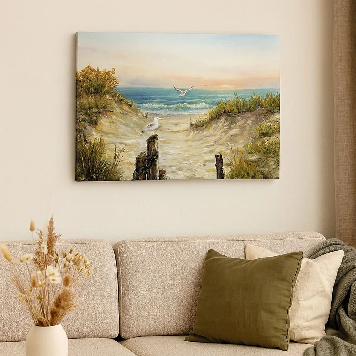 Tablou pe pânză Canvas - Coastă cu pescăruși și dune la apus - 70x50cm - Retragere fără vânt - Decorațiune modernă pentru perete pentru living și dormitor ARTTOR