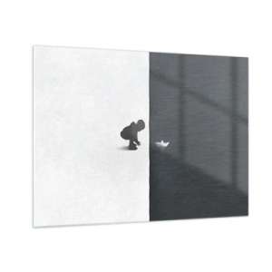 Tablou pe sticlă - Silueta unui copil care lansează o barcă de hârtie în apă - 70x50cm - Marea expediție - Decorațiune modernă pentru perete pentru living și dormitor ARTTOR