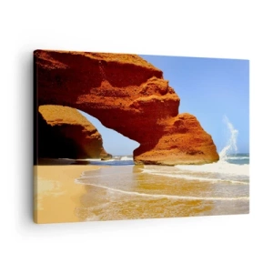 Tablou pe pânză Canvas - Un arc natural de stâncă pe o plajă cu cer albastru și valuri - 70x50cm - Apă și vânt de mii de ani - Decorațiune modernă pentru perete pentru living și dormitor ARTTOR