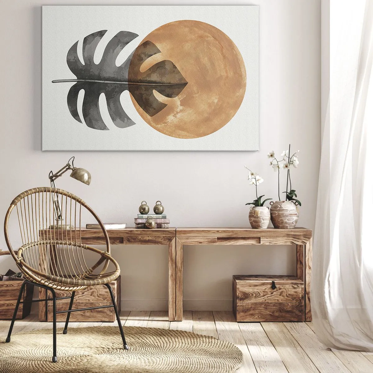 Tablou pe pânză Canvas - Frunză de Monstera și cerc auriu pe un fundal deschis - 70x50cm - Doar soarele - Decorațiune modernă pentru perete pentru living și dormitor ARTTOR