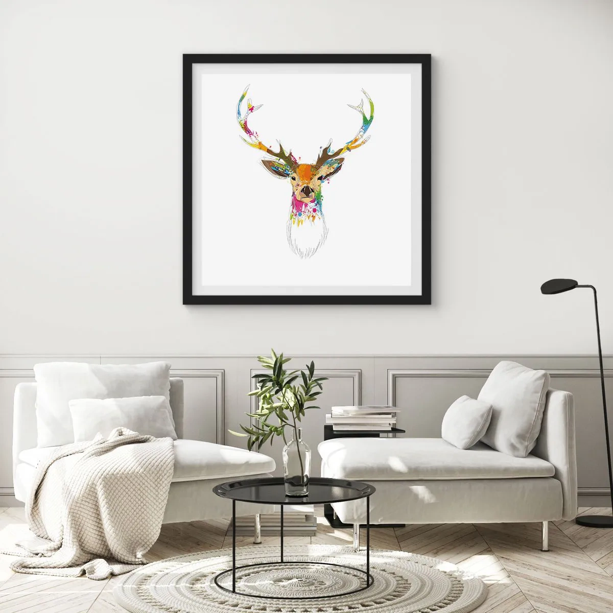 Poster în ramă neagră - Cerb blând scăldat în culoare - 40x40 cm