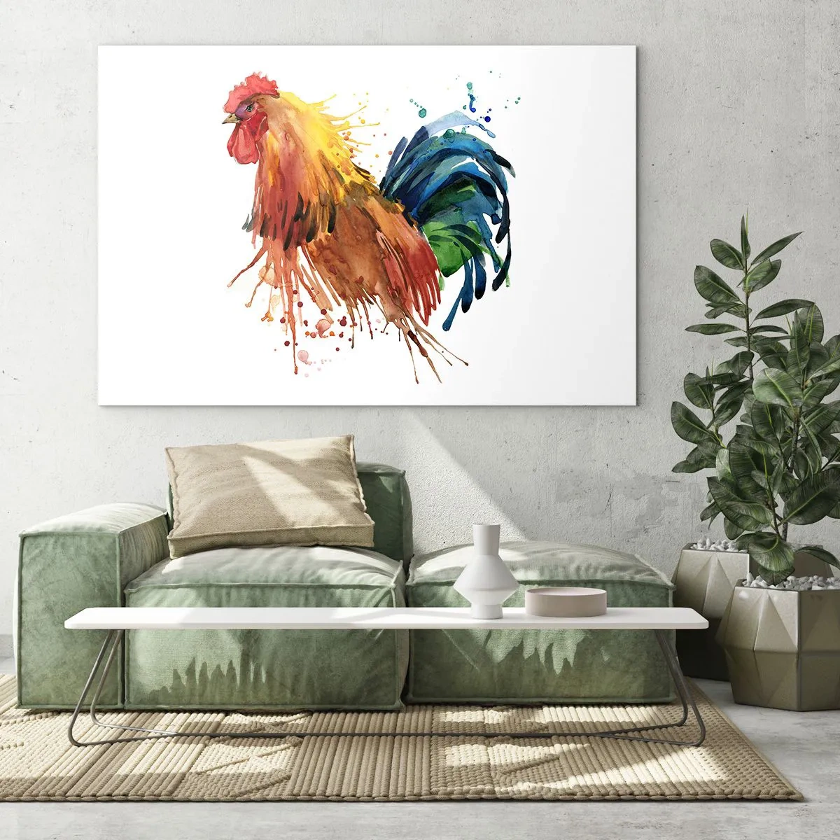 Tablou pe sticlă - Cocoș în acuarelă în culori vii pe fundal alb - 70x50cm - Haina regală, mândria regală - Decorațiune modernă pentru perete pentru living și dormitor ARTTOR