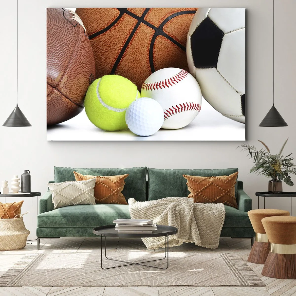 Tablou pe pânză Canvas - Mingi din diverse discipline sportive - 70x50cm - Ne leagă mingea! - Decorațiune modernă pentru perete pentru living și dormitor ARTTOR