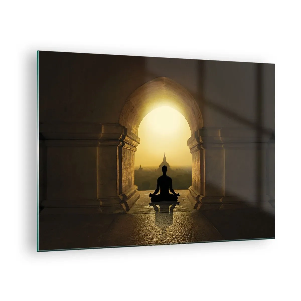 Tablou pe sticlă - Silueta unei persoane care meditează în lumina soarelui care apune într-un arc arhitectural - 70x50cm - Armonie completă - Decorațiune modernă pentru perete pentru living și dormitor ARTTOR