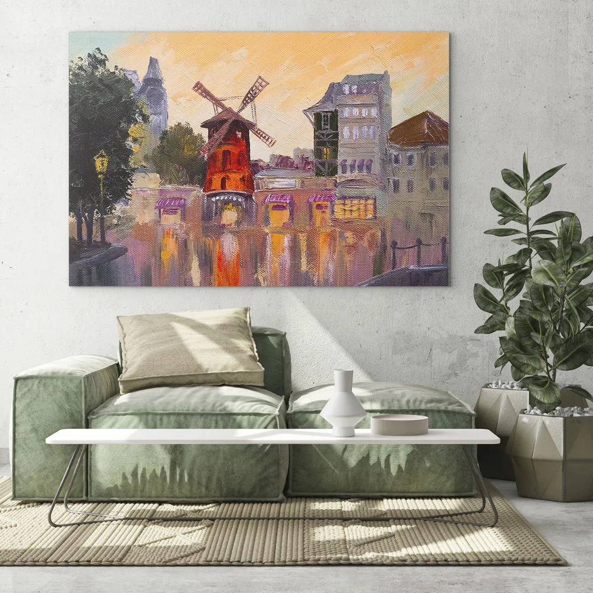 Tablou pe sticlă - Moara de vânt roșie a Moulin Rouge printre casele de locuit pariziene - 70x50cm - Icoane pariziene - Moulin Rouge - Decorațiune modernă pentru perete pentru living și dormitor ARTTOR