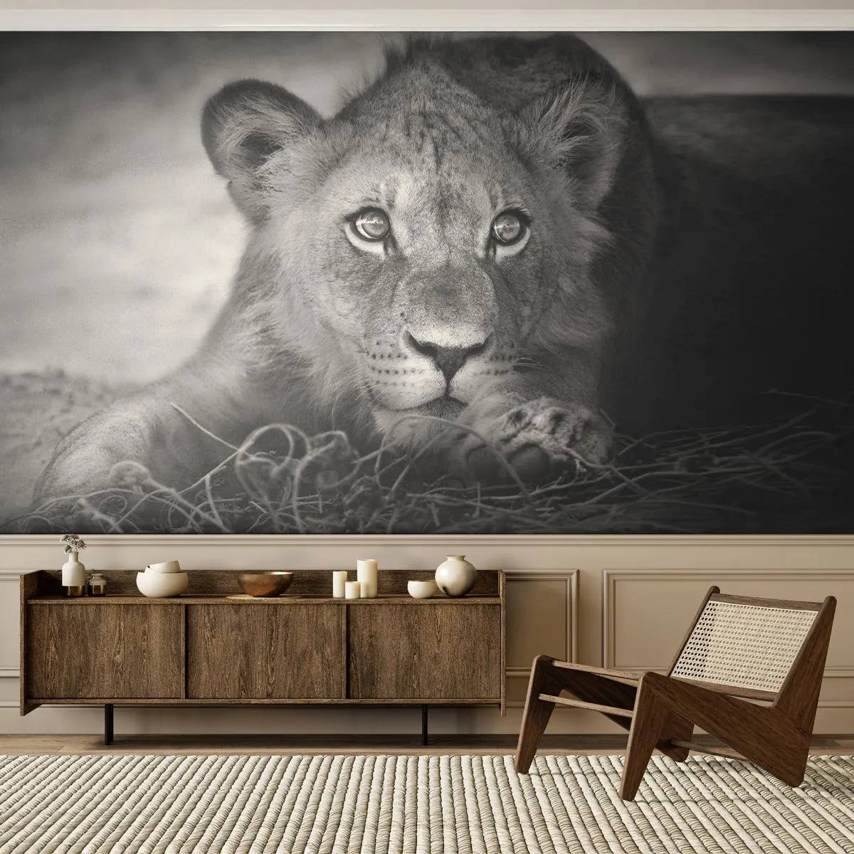 Tapet Standard Eco - Pisicuța regală - Animale, Leu, alb-negru - 350x256 cm