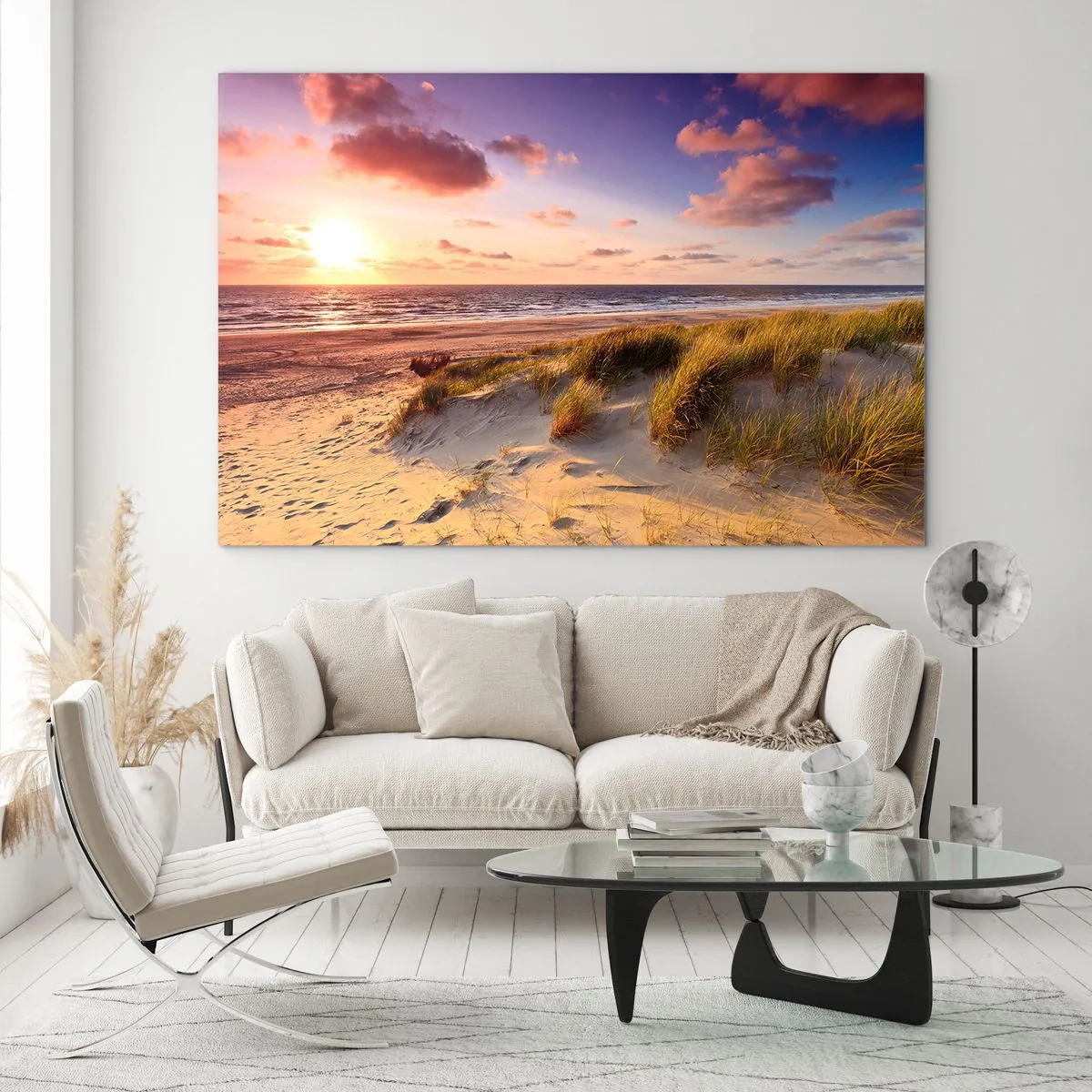 Tablou pe sticlă - Plajă cu dune la apus - 70x50cm - Deja aerul de vară miroase - Decorațiune modernă pentru perete pentru living și dormitor ARTTOR