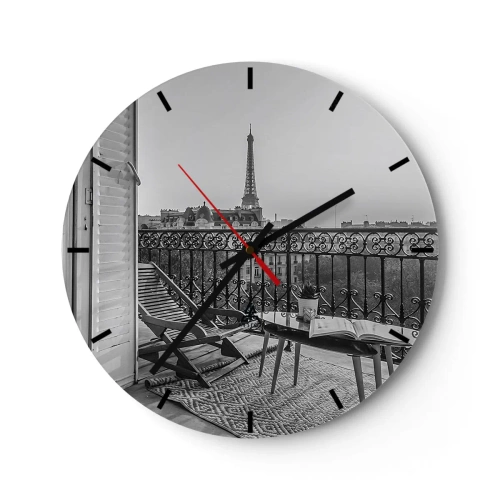 Ceas de perete - Ceas pe sticlă - Vedere de la balconul Turnului Eiffel în alb și negru - 30x30cm - După-amiază pariziană - Decorațiune modernă pentru perete pentru living, bucătărie și dormitor ARTTOR