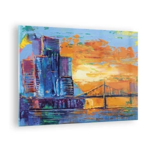 Tablou pe sticlă - Orașul și podul colorate în strălucirea soarelui care apune - 70x50cm - Cultură și natură - Decorațiune modernă pentru perete pentru living și dormitor ARTTOR